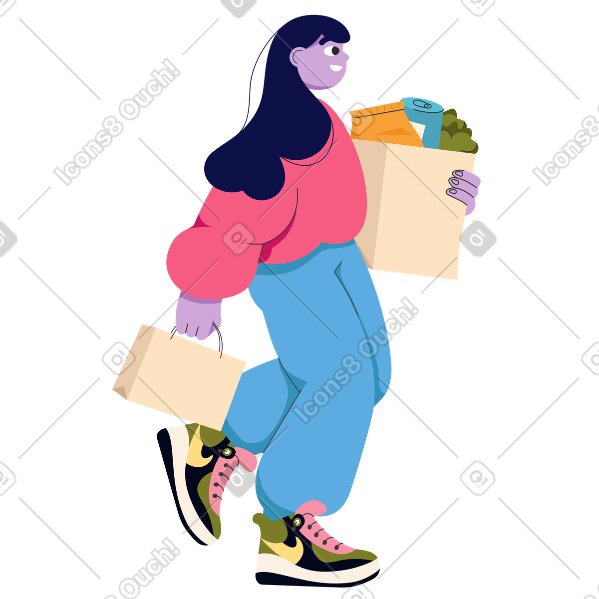 Girl carrying a bag of groceries illustration in Dizzy style download in PNG, SVG