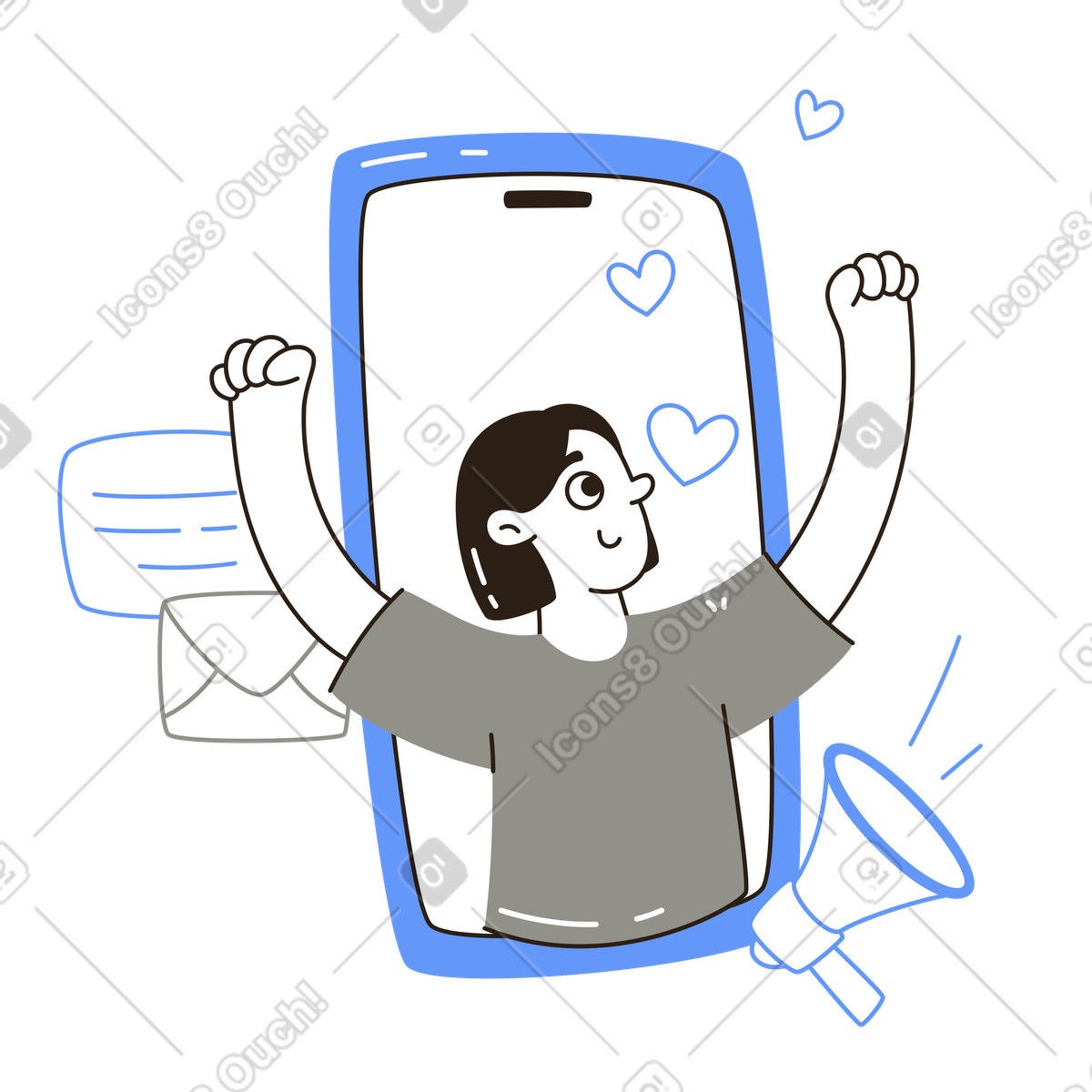 User in front of mobile device with love icons and megaphone, Digital influence outreach illustration Plain style download PNG, SVG