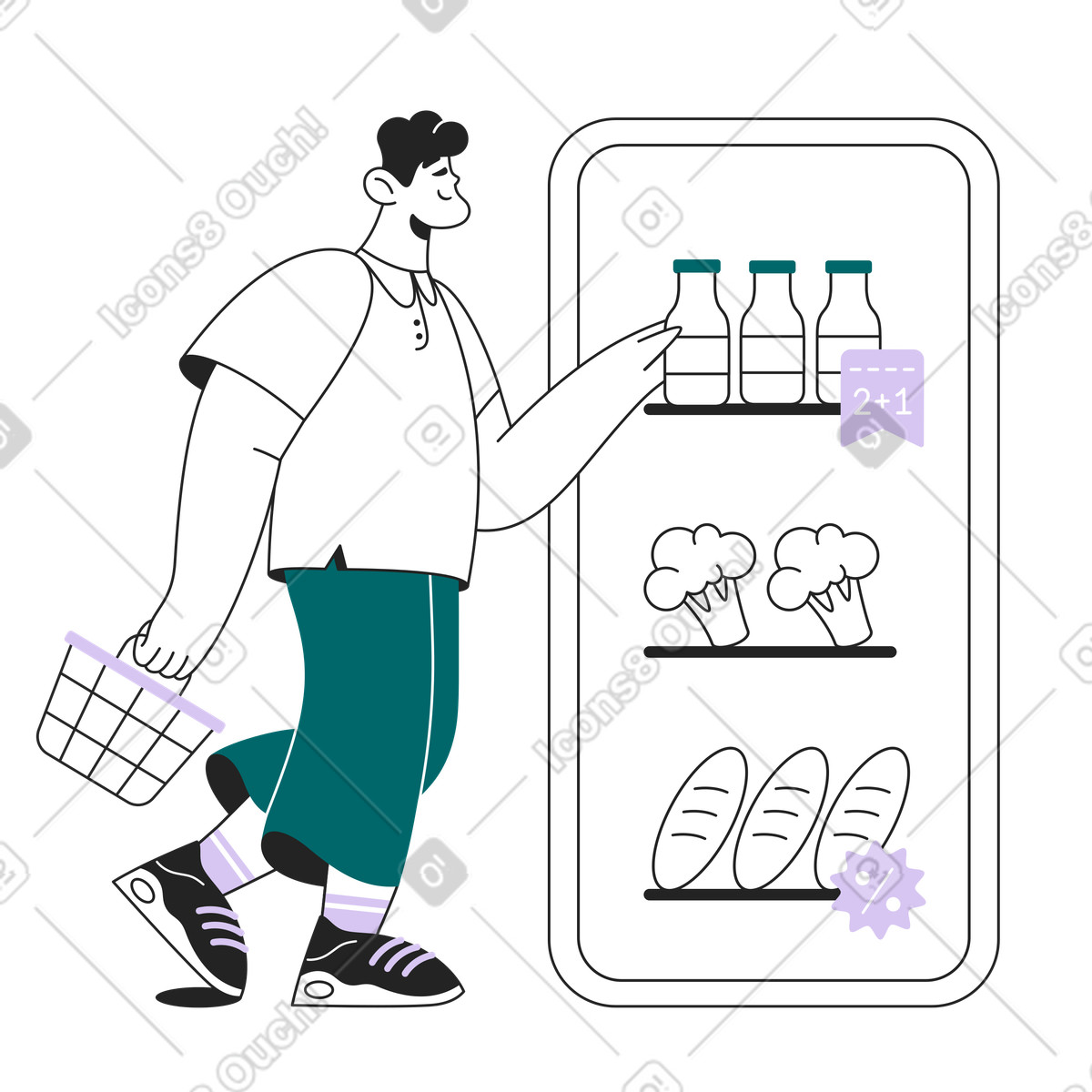 Man buys groceries online illustration in Sammy Line style download in PNG, SVG